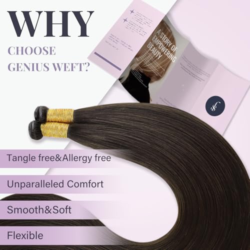 Fshine Genius Weft Real Human Hair Genius Weft for Women Darkest Brown 24 Inch Hair Bundle Remy Human Bundle Natural Human Weave 60 Gram