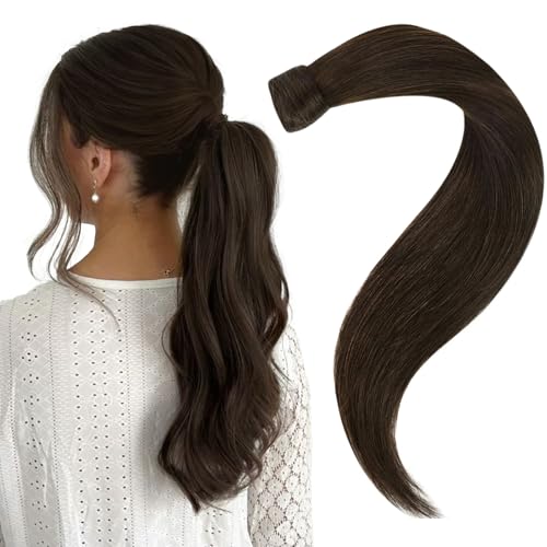Easyouth Human Hair Ponytail Extensions Dark Brown Pony Tails Hair Extensions Human Hair Brown Ponytail Extension Human Hair for Women 18Inch 80g