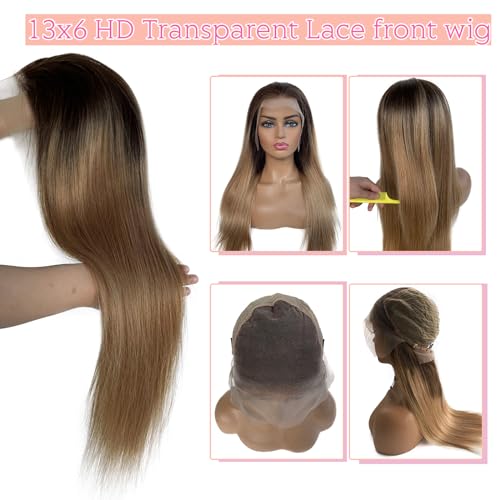 13x6 Ombre Blonde Lace Front Wigs Human Hair,HD Transparent Brown to Ash Blonde Straight Lace Frotal Human Hair Wig with Brown Roots Pre Plucked Bleached Knots Brazilian Virgin Human Hair Wig