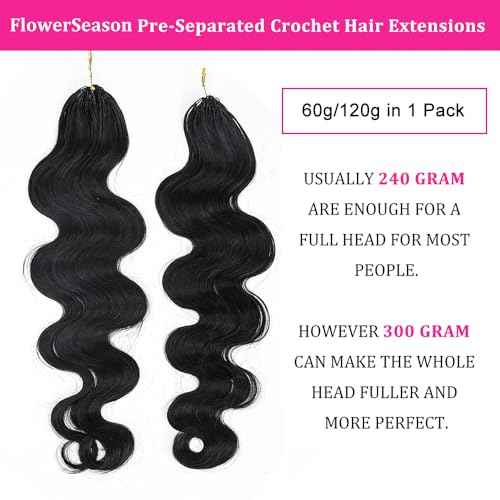 Body Wave Pre-Separated Crochet Hair Extensions Human Hair Knotless Pre-Separated Feather Crochet Braid Hair Extensions Natural Color 16 Inch 120g