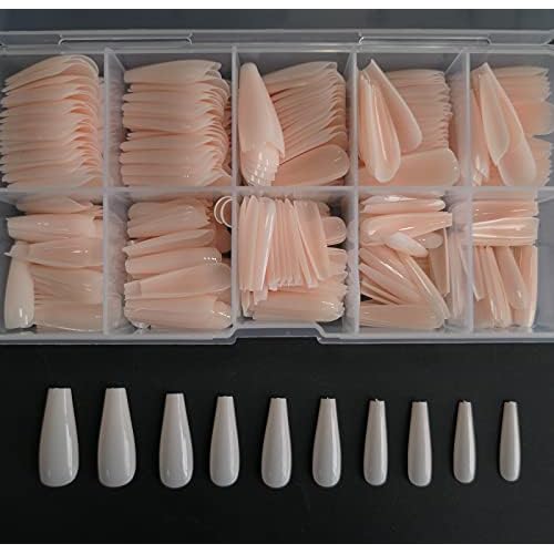 LuckForever 500pc Nude Pink Coffin False Nails Press on Full Cover Ballerina Fake Acrylic Nail Tips Manicure Fingernails Design Decor with Case for Women Girls Home Salon DIY (Point Nude)