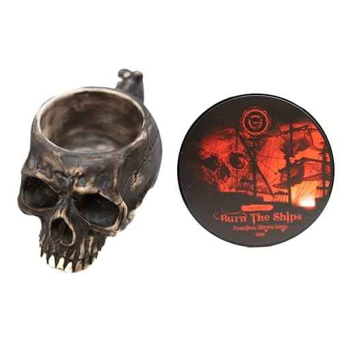 Burn The Ships Shaving Kit | Ceramic Skull Shave Bowl & Cream | Wet Razor Lather Mug | Hot Scuttle for Traditional Grooming | Shaving Soap Gift Set | Barber Accessories for Men