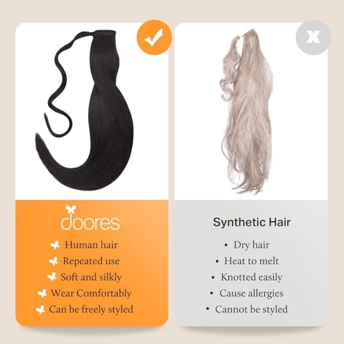 DOORES Human Hair Ponytail Extensions Natural Black 16 Inch 80g Clip in Hair Extensions Remy Hair Extensions Ponytail Straight Natural Wrap Around Ponytail with Magic Paste