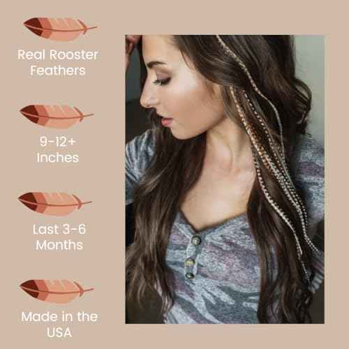 Natural Hair Feathers Kit, Feather Hair Extensions - Real Rooster Feathers, Long Natural Colors, Pliers, Beads, and a loop tool DIY Set browns and neutrals