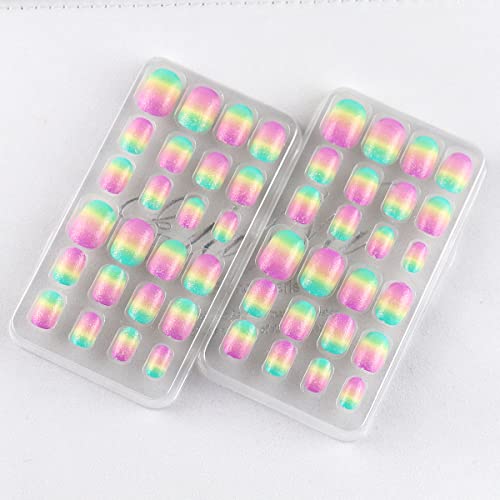 24 Pcs Rainbow Kids Press on Nails Pre-glue Children False Nails Short Oval Full Cover Artificial Fake Nails Gradient Glitter Acrylic Nail Tips for Little Girls Gift (Rainbow Pink)