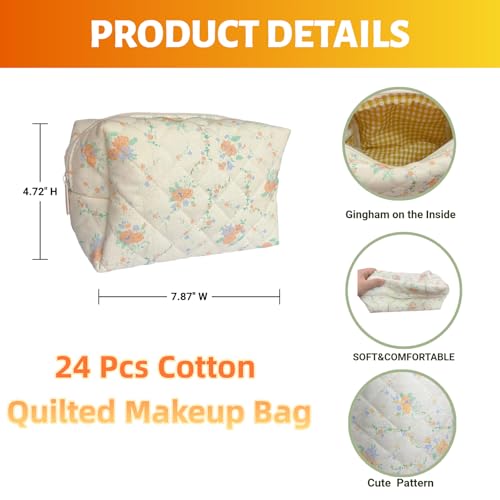 24 PCS Cotton Quilted Makeup Bag Bulk with Zipper- Floral Bridesmaid Gifts Cosmetic Makeup Pouch Bag Travel Portable Preppy Gifts for Women(24 Pack)