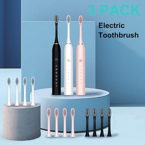 3 Pack Electric Toothbrush for Adults,6 Mode Rechargeable Electric Toothbrushes with 12 Replacement Brush Head, Fast Charge 2 Min and 30s Timer for Travel Business