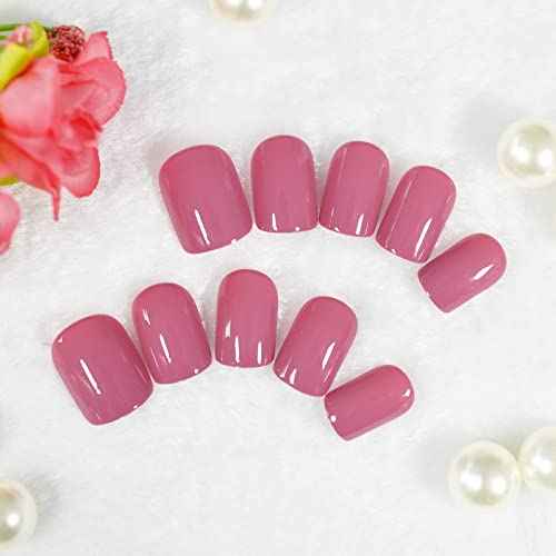 Pretty Rose Pink Press On Nails Square Short False Nails Women Girls Nail Art Full Cover Reusable Fingernails Datechable Acrylic Manicure For Daily Dating Office Home Party (24pcs)