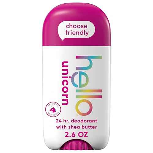 hello Unicorn Aluminum Free Deodorant for Women and Men with Shea Butter, 24-Hour Freshness, Baking Soda Free Deodorant, Dermatologically Tested, 2.6 oz Stick