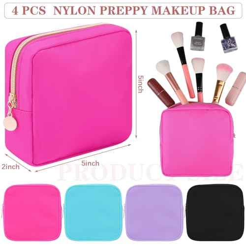 Hushee 4 Pcs Nylon Makeup Bag Preppy Zipper Pouch Waterproof Nylon Toiletry Storage Bag for Women(Mini,Black, Fuchsia, Mint, Grape)