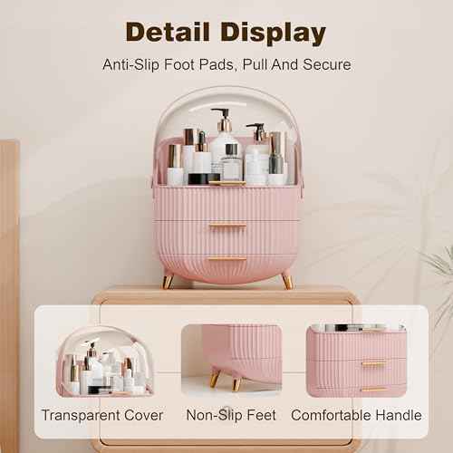 Makeup Organizer for Vanity Cosmetics Skincare Organizers with Lid and Drawers Display Cases for Countertop (Pink)