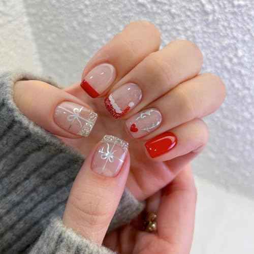 24 Pcs Christmas Press on Nails Short Square - YEFIUO Cute Pink Fake Nails Press ons Winter Xmas Gold Glitter French Nail Art Tip Full Cover Acrylic False Nails Glue on Nails Kit with Design for Women