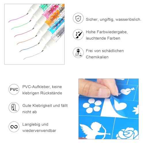 Temporary Tattoo Markers for Skin, 6 Pieces Tattoo Gel Pens with 12 Stencils, 112 Patterns, Tattoo Pens Set, Tattoo Pen for Children for Boys Girls Party Dress Up Halloween