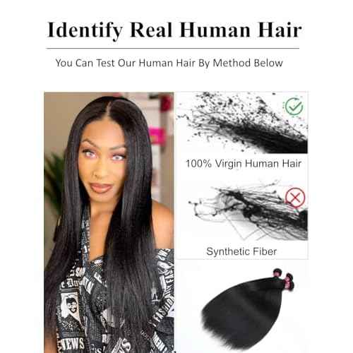 KLAIYI Yaki Straight Bundles Human Hair Weaves Unprocessed Real Virgin Hair Sew In Extensions One Bundle Of 16Inch, 12A Kinky Straight Double Wefts for Women Cllip In Light Yaki Natural Black Color