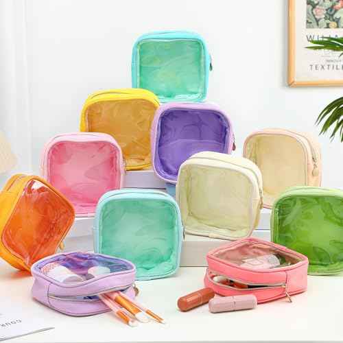 Kacctyen 20 Pcs Mini Clear Makeup Bags Bulk Nylon Cosmetic Bags for Purse PVC Small Clear Square Pouch with Zipper Blank Coin Purses for Women Travel Toiletry Essentials, 10 Colors