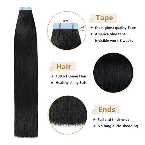 Yilite Tape in Human Hair Extensions - 24 Inch, 20pcs, 50g Silky Straight Jet Black Color