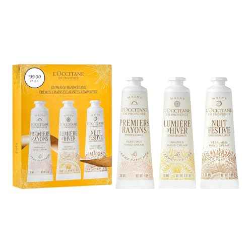 L'OCCITANE Glow & Go Hand Cream Trio: Gift Holiday Hand Creams Featuring notes of Peony, zesty Lemon, & creamy Vanilla.