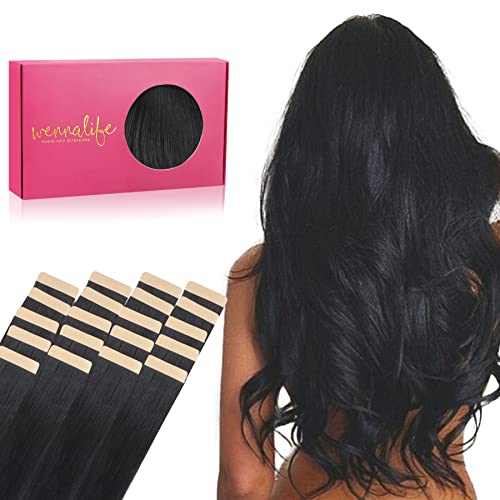 WENNALIFE Tape in Hair Extensions Human Hair, 20pcs 50g 24 inch Jet Black Remy Hair Extensions Straight Human Hair Tape in Extensions Skin Weft Tape Extensions Human Hair