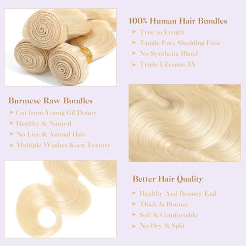 Blonde Body Wave Bundles Human Hair 26 Inch 15A 613 Blonde Bundles Human Hair,Sew In Quick Weave Body Wave Bundles 100% Real Human Hair Extensions Tangle Free Shedding Free Triple Lifespan 3X