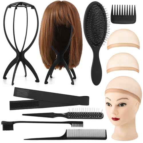 10 Pack Set 2 Wig Head Stand with 5 PCS Wig Brush Comb Hat Wig Holder Set for for Travel Home Use