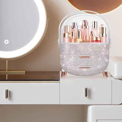 MASSY Egg Shape(Oval) Makeup Storage Box, Countertop Portable Vanity Cosmetics Organizer Preppy Style (Rhinestone White)