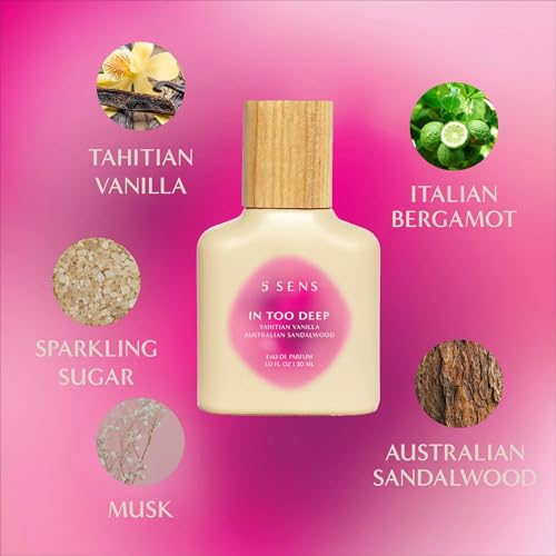5 SENS In Too Deep Eau de Parfum (30 mL) - Clean, Long-Lasting Fine Fragrance - Gourmand with Tahitian Vanilla, Italian Bergamot, Sparkling Sugar, Sandalwood, Musk - Vegan, Cruelty-Free