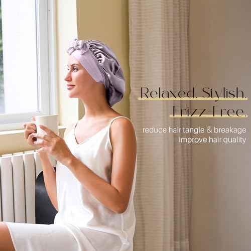 ZIMASILK 100% Mulberry Silk Bonnet for Sleeping Women Long Hair Double Layer Silk Hair Wrap with Tie Band Stay On Head (1Pc, Purple)