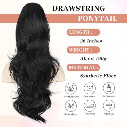BOGSEA Ponytail Extension 26 Inch Drawstring Ponytail Extension for Women Long Wavy Hair Extensions for Daily Use(1B)