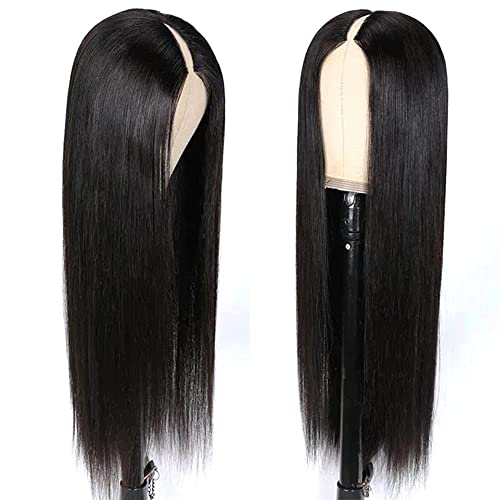 Straight V Part Wigs Human Hair Upgrade U Part Human Hair Wigs for Women Glueless Full Head Clip In Half 180% Density Natural Color (16inch)