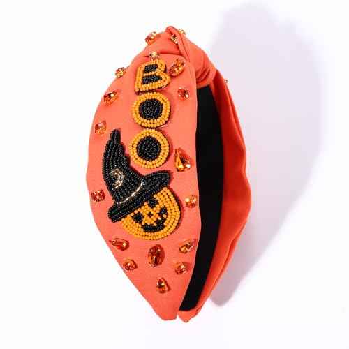 Halloween Knotted Headband for Women Crystal Pumpkin Candy Corn Houndstooth Hairband Halloween Hair Accessories Gift