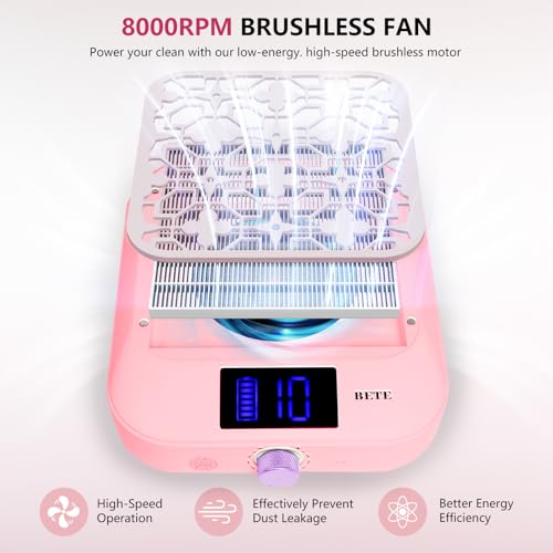 BETE Cordless Nail Dust Collector, Portable Vacuum Fan Vent Extractor with Powerful & Quiet Suction, Rechargeable Battery, LED Display for Acrylic Nails Polishing at Salon & Home, Pink