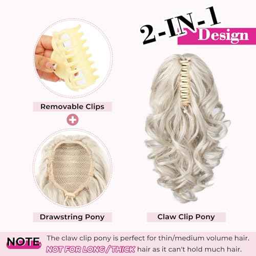 REECHO 12" Ponytail Extension, Classic Loose Curly Wavy Claw Clip Pony tails Hair Extensions Hairpieces for Women - Dark Blonde with Highlights