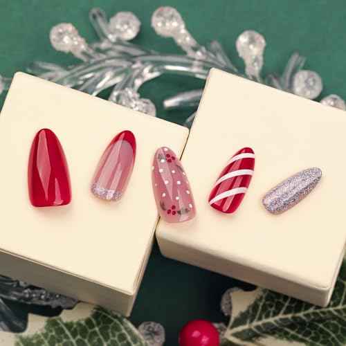 Christmas Press on Nails Almond Medium Fake Nails Red French False Nails with Silver Glitter Design Glue on Nails Xmas Candy Full Cover Stick on Nails Glossy Acrylic Nails for Women Manicure 24Pcs