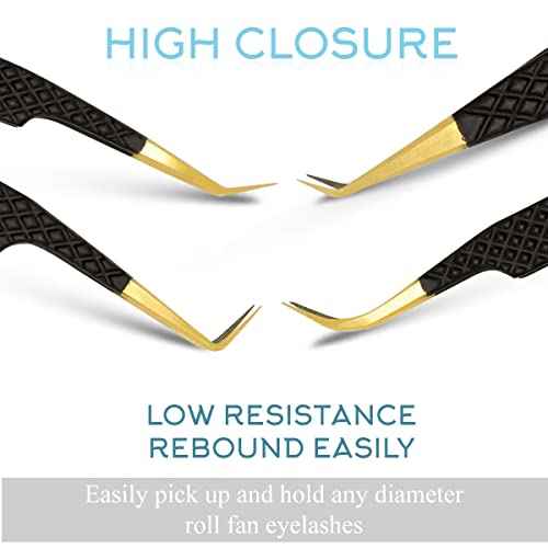 SIVOTE Fiber Tip Lash Tweezers for Eyelash Extensions with Diamond Grip, Black, Set of 4 - Precise Tips Japanese Steel for Classic, Volume & Mega Volume Lashes, Anti-Rust - Ideal for Lash Artists
