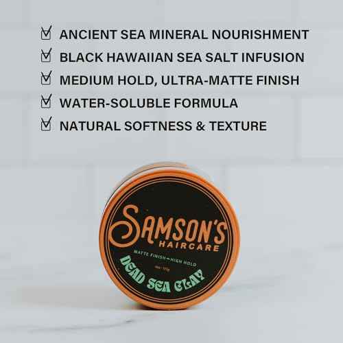 SAMSON'S HAIRCARE Dead Sea Hair Styling Clay, Nourishing and Revitalizing Hair, With Black Hawaiian Sea Salt, High Hold, Ultra-Matte Finish, 4 oz.