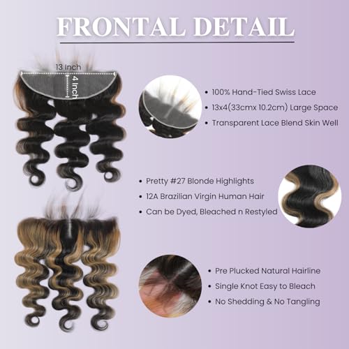Honey Blonde Highlight Ombre 13x4 Lace Frontal Closure Only Human Hair Body Wave (150% Density, 20 IN), #27 Skunk Stripe Ear to Ear Lace HD Transparent Frontal Human Hair Pre Plucked Free Part