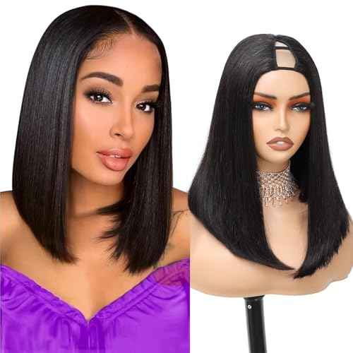 V Part Wig Human Hair Bob Wig 14inch Brazilian Remy Hair Short Bob Human Hair Glueless Wig Upart Bob Wigs For Black Women Upgrade U Part Wig No Sew in No Glue Natural Black Color