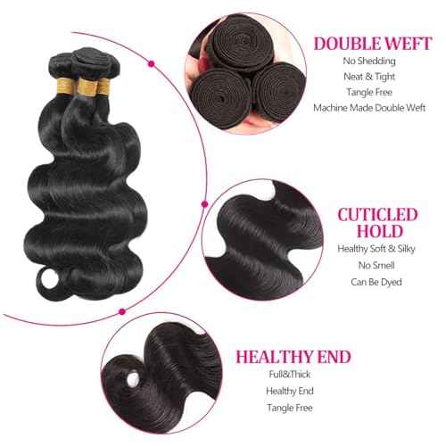Body Wave Bundles Human Hair 14 16 18 Inch Human Hair Bundle 100% Unprocessed Brazilian Virgin Hair 3 Bundles Human Hair Extensions for Black Women Natural Color