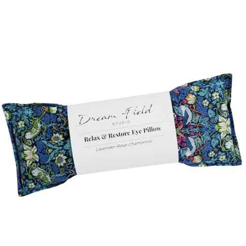 Organic Lavender Eye Pillow - Yoga Meditation, Stress Relief, Small Microwavable Heat Therapy Pack, 100% Cotton, Flax Seeds, Lavender Chamomile & Rose Petals, Liberty of London Strawberry Thief