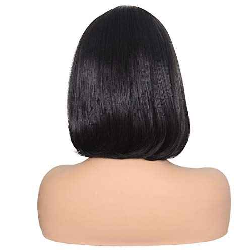 morvally Short Straight Bob Wig Heat Resistant Hair with Blunt Bangs Natural Looking Cosplay Costume Daily Wigs (14", 2# Black)