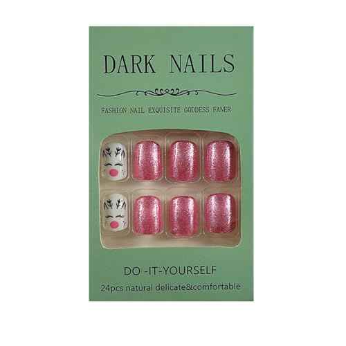 Christmas Press on Nails Short Square - MINGCHUN Pink Glitter Fake Nails Winter Xmas Press on Nails Elk with Design Glossy Nails Christmas Glue on nails Christmas Acrylic Nails for Women 24 PCS