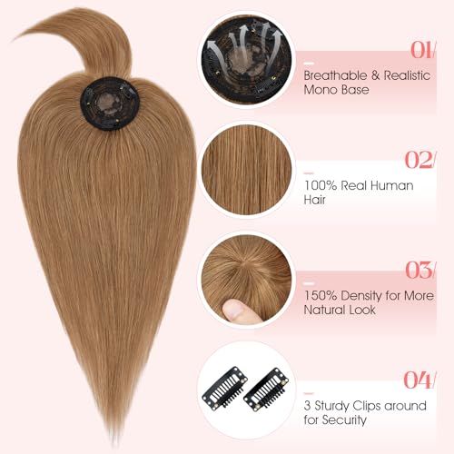 Hairro Mono Hair Toppers with Bangs, 3.4" x 3.4" Mono Base 100% Real Human Hairpieces for Women, 150% Density Clips In Topper for Greyish Thinning Hair, 14 Inch Blondish Brown