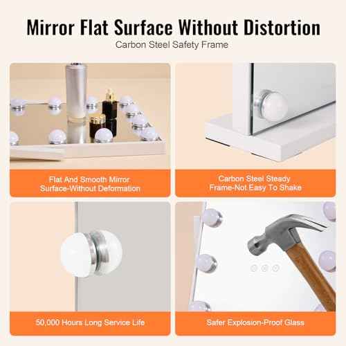 VEVOR Hollywood Vanity Mirror with Lights, 12 Dimmable Bulbs & 3 Color Lighting Modes, Makeup Mirror with Detachable 5X Magnification, Smart Touch Control, 360 Degree Rotation(16.1x11.8 in, White)