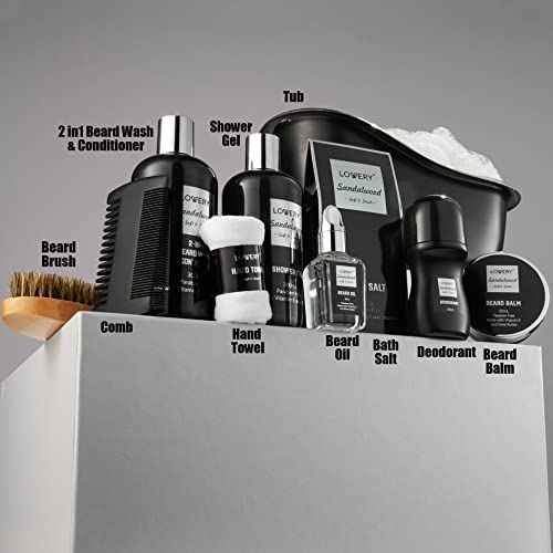 Christmas Gifts for Men, Mens Spa Gift Set Beard Kit and Body Care, Unique Gifts for Dad Sandalwood Spa Gift Baskets, Bath and Beard Grooming Kit, Birthday Gifts for Him with Beard Balm, Growth Oil.