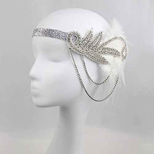 JISEN 1920s Flapper Vintage Peacock Feather Gatsby Beaded Tassel Headpiece