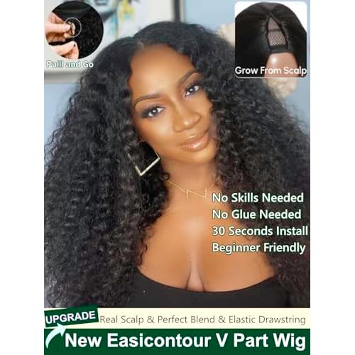 KLAIYI EasiContour V Part Wig Human Hair 4C Kinky Curly Glueless Wear And Go Clip In Half Wig Upgrade Upart Wigs for Black Women No Leave Out No Glue Beginner Friendly Natural Color Ready to Go 14Inch