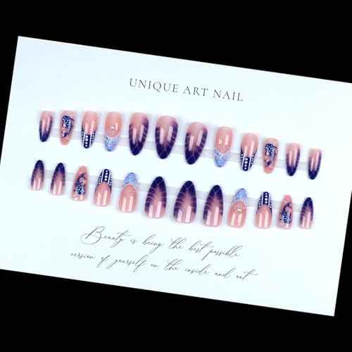 3D Blue Ocean Press on Nails Medium Almond Fake Nails with Shell Pearl Fish Designs French False Nail Tips Glossy Glue on Nails Full Cover Stick on Nails for Women Manicure Decorations 24Pcs