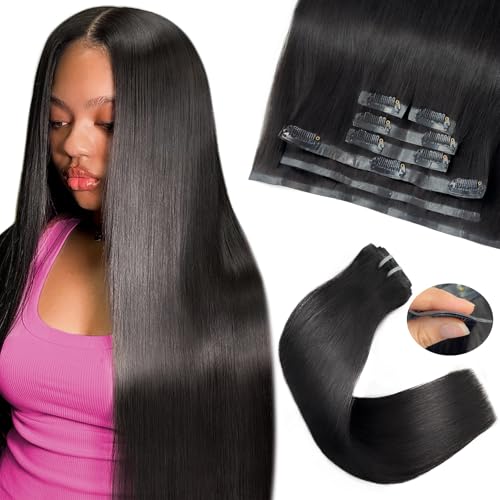16 inch Seamless Clip in Hair Extensions Real Human Hair 110g 7pcs Invisible Soft PU Clip in Hair Extensions for Black Women Virgin Human Hair Extensions Clip ins 1B Natural Black Straight