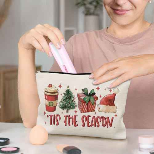 Tis the Season Christmas Makeup Bag, Red Santa Hat Gift Box Cocoa Christmas Tree Cosmetic Bags with Zipper for Women's Gifts