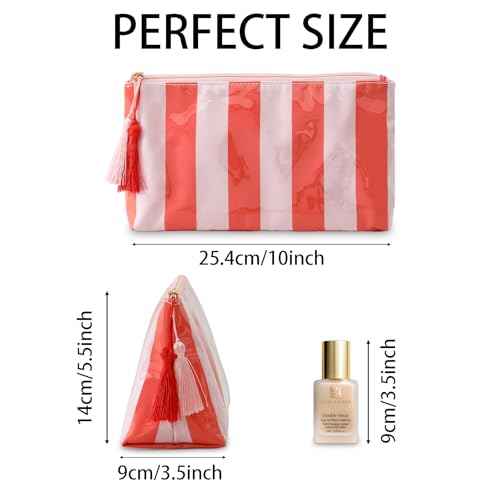 DYSHAYEN Makeup Bags for Purse,Small Clear Coated Cosmetic Bags for Women Girls, Waterproof Travel Organizer Zipper Pouch Beach Vacation Essentials (Pink-Orange)